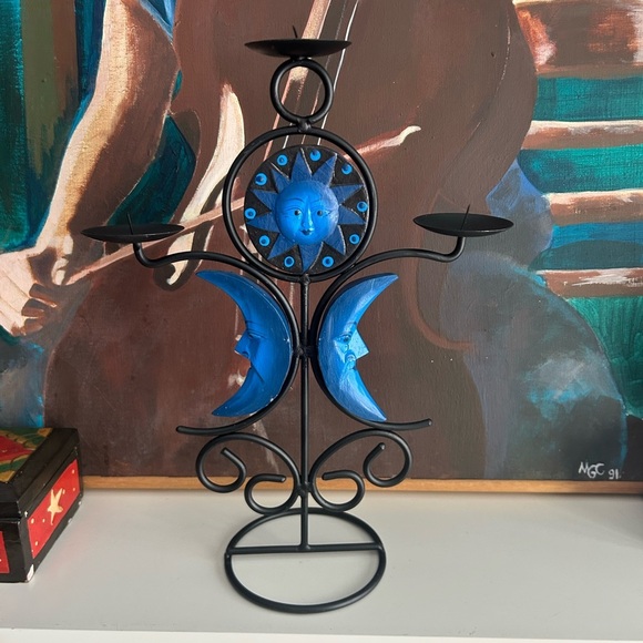None Other - Celestial Vintage 90s Sun Moon Blue 3 Candle Holder